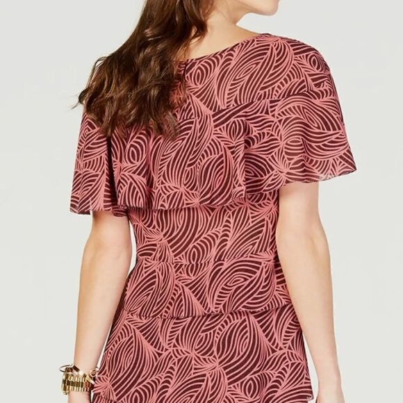 MICHAEL Michael Kors Pink Maroon Geometric Leaf Print Tiered Blouse - Picture 2 of 15